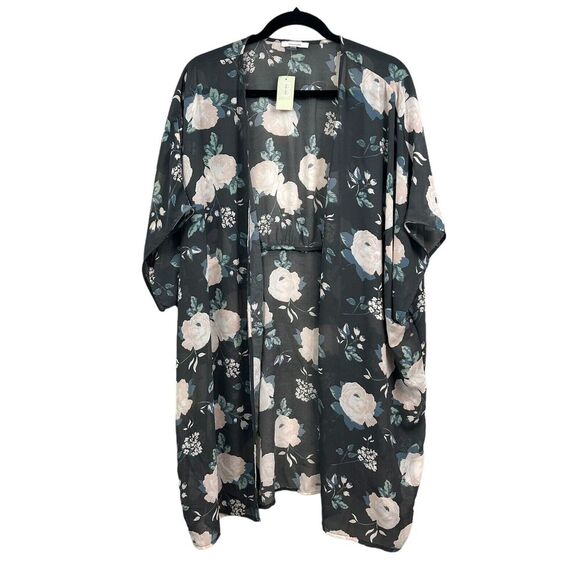 Maurices Womens Kimono Floral Semi Sheer Open Front Short Sleeves Gray Size L-XL - Picture 1 of 5